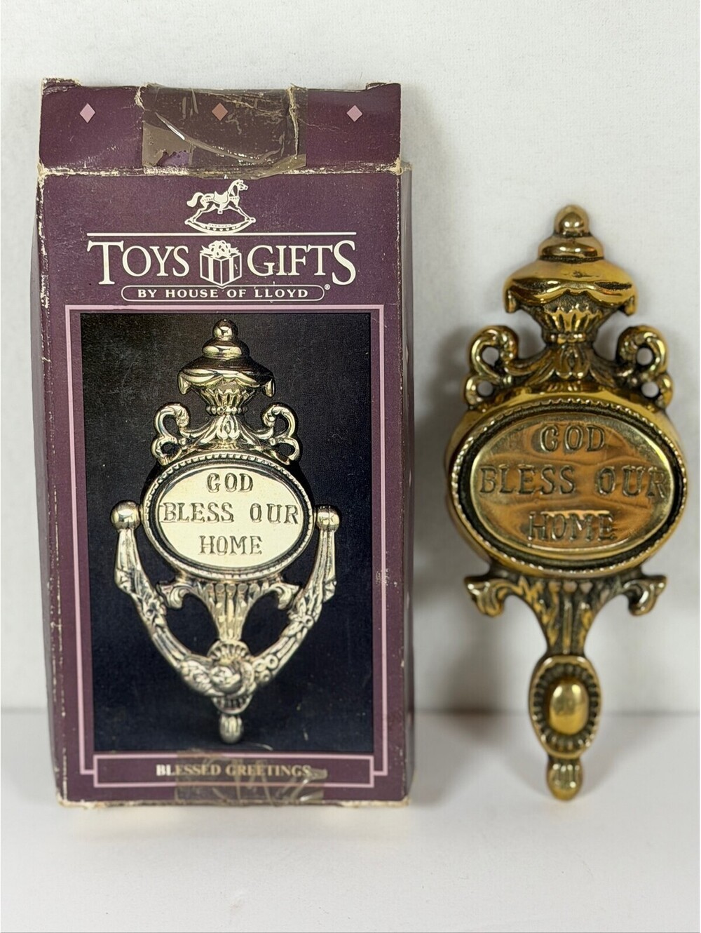 Vintage House of Lloyd God Bless Our Home Brass Tone Door Knocker F-12